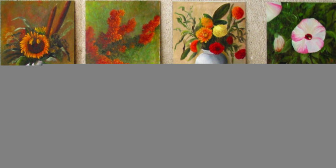 2002 (Sunflower #163, Bougainvillea #164, Dahlias #165, Hibiscus #166) oil on canvas each 16"x16"